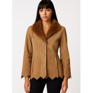 Y2K Dennis Basso Leather Jacket Faux Fur Collar Scalloped XS